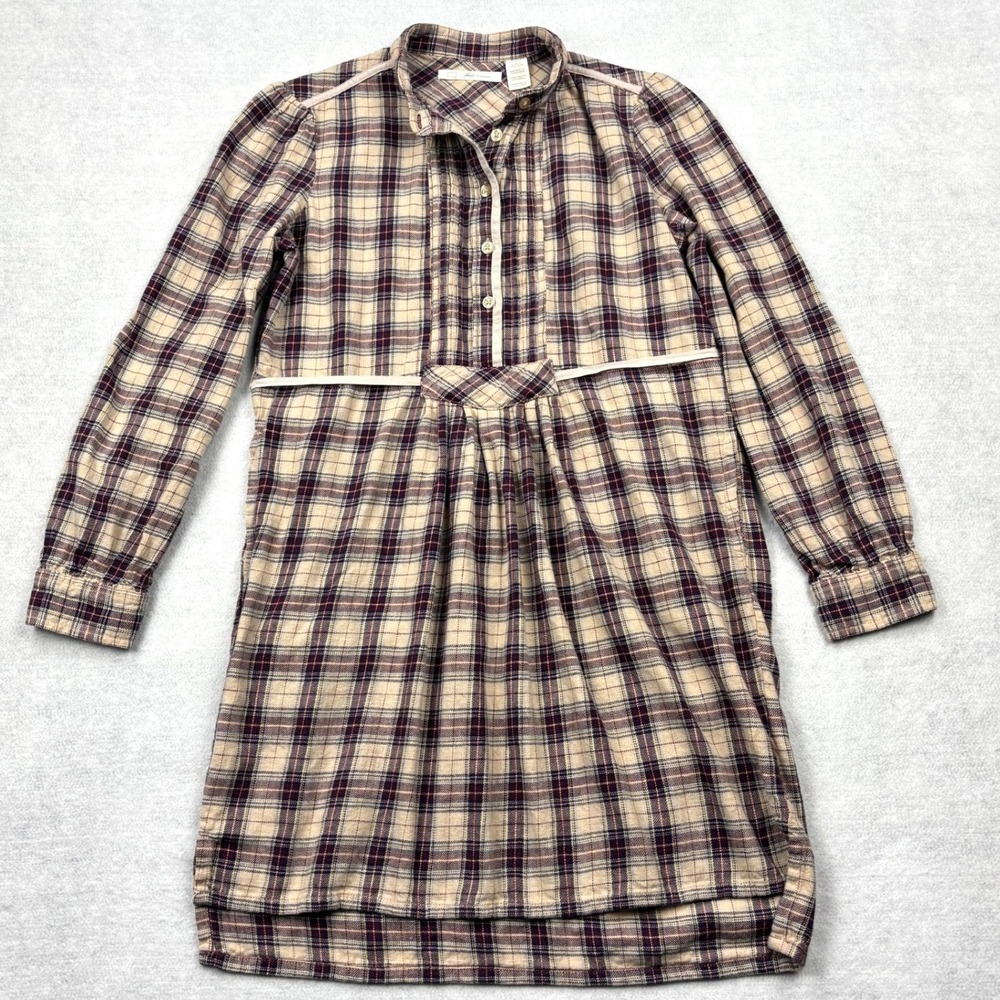 Levis Womens Small Plaid Flannel Tunic Dress Beige Burgundy Long Sleeve Tie Back